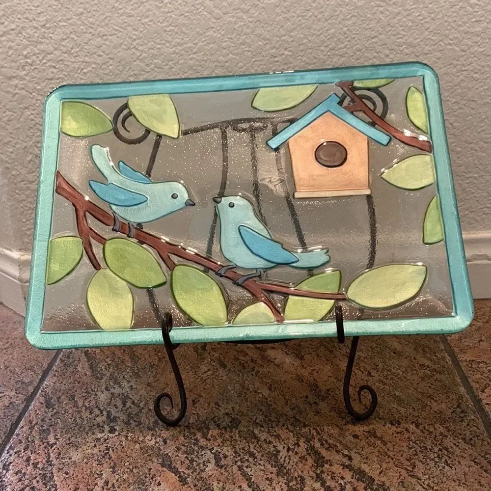 Blue Birds Glass Art 11 Inches X 16 Inches Heavy Metal Display Stand Included - Picture 2 of 9